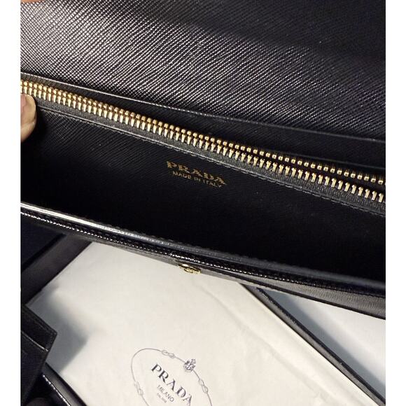 Prada Saffiano Leather Letter Continental Flap Wallet Black Authentic Card Incl - Picture 10 of 15